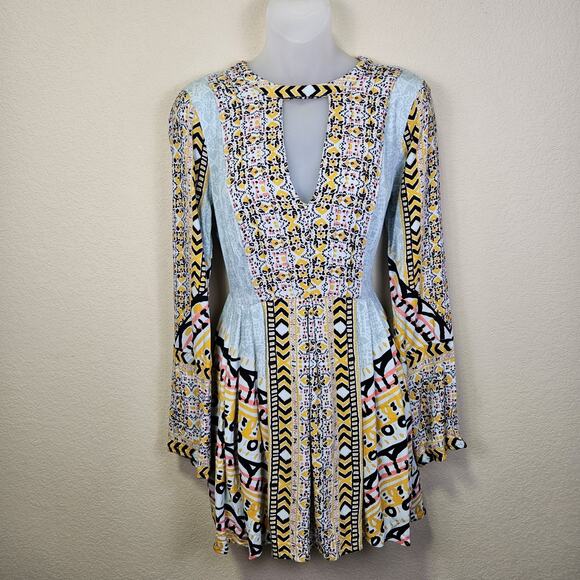 Free People Tegan Border Boho Mini Dress Floral Tunic Flowy Fairy Pockets Blue 4 - Picture 3 of 16
